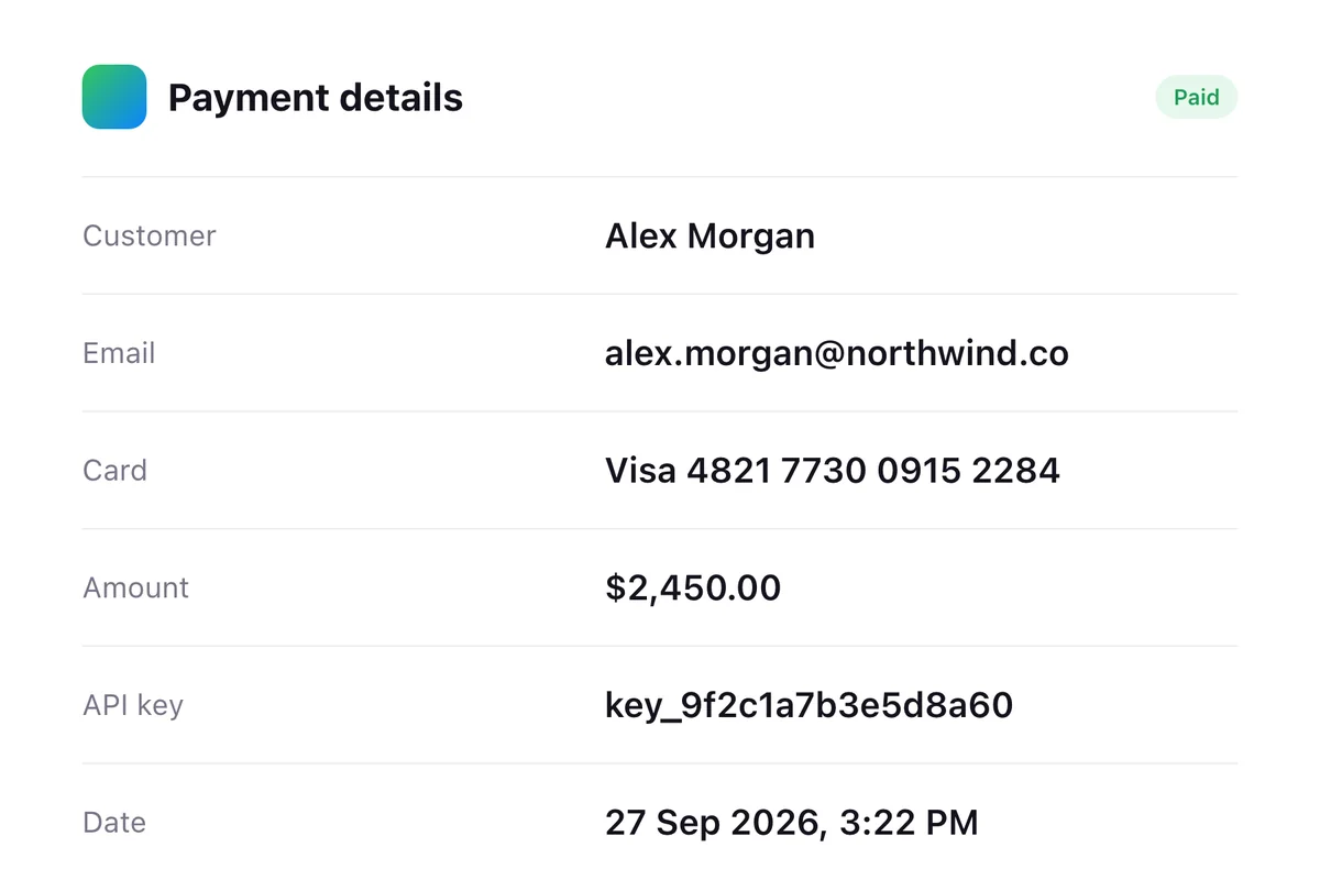 A raw screenshot of payment details with an email, card number and API key visible