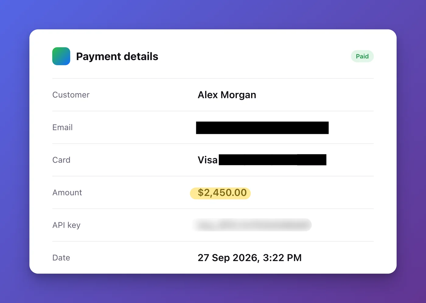 The same screenshot after ShotBloom: email and card number redacted, API key blurred, amount highlighted